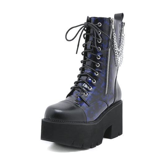 Cerulean Chain Blue PVC Zip Lace-up mid-calf Platform Boot