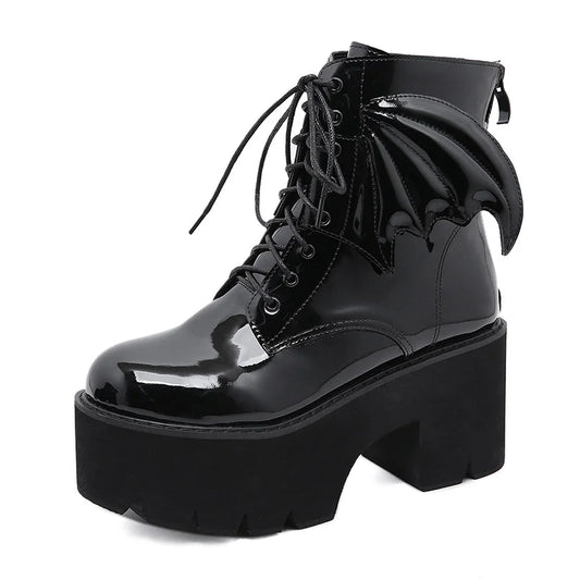 Bat Wing PVC Lace-up Ankle Platform Boot